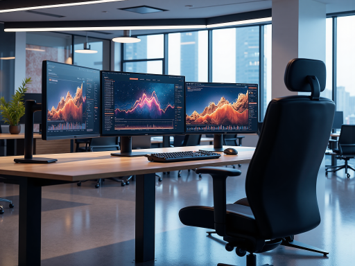 现代化办公室工作台，多台显示器，整洁有序，专业办公环境，明亮灯光